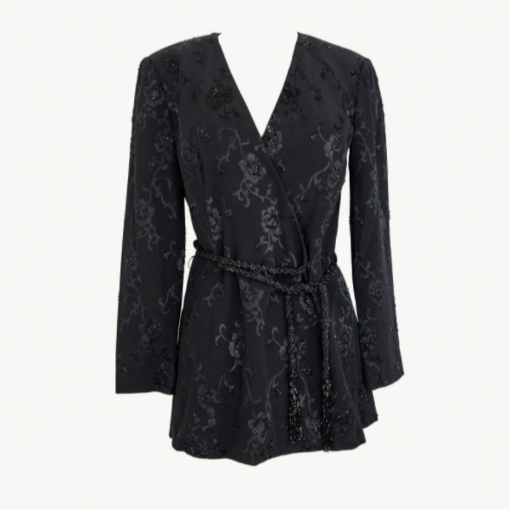 Carmen Marc Valvo Floral Beaded Night Suit Jacket with Beaded Waist Tie Tassel